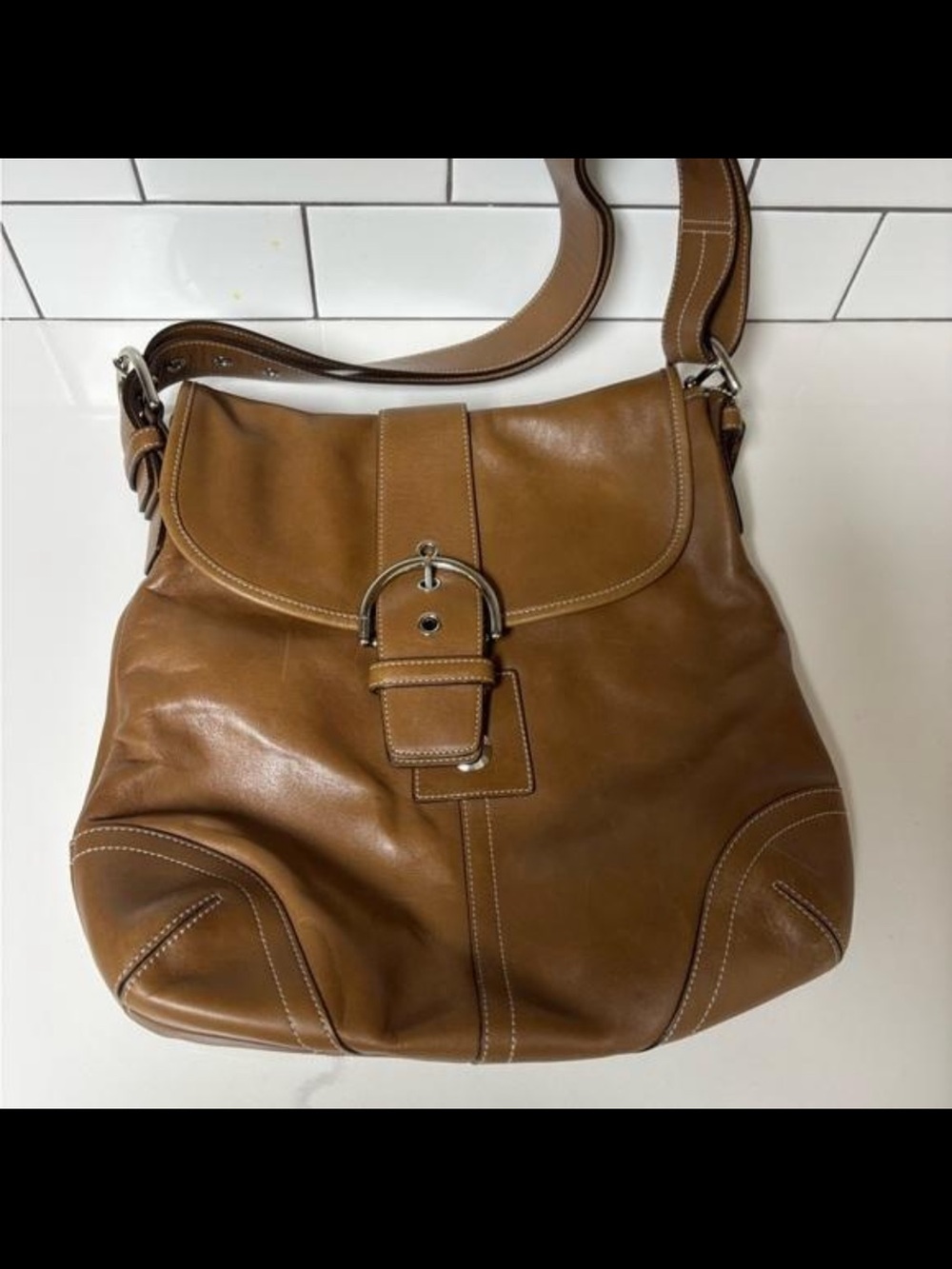 Coach Cognac Leather Shoulder Bag with Buckle Front